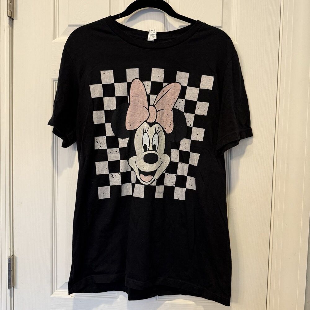 Disney Minnie Mouse Checkerboard Graphic T Shirt Adult Large Black Cotton Tee - Picture 2 of 9